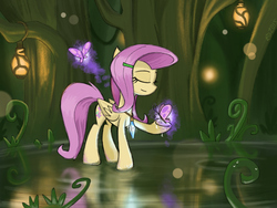 Size: 2048x1536 | Tagged: safe, artist:qzygugu, part of a set, fluttershy, butterfly, g4, eyes closed, female, folded wings, forest, hairpin, holding, jewelry, lantern, necklace, peaceful, reflection, solo