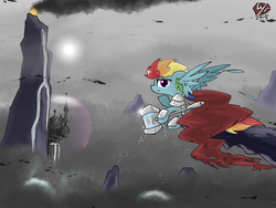Size: 2048x1536 | Tagged: safe, artist:qzygugu, part of a set, commander hurricane, rainbow dash, g4, armor, canterlot, cape, clothes, female, flying, hammer, holding, hoof hold, looking at you, looking back, looking back at you, overcast, solo, spread wings, trail