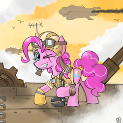 Size: 2048x2048 | Tagged: safe, artist:qzygugu, part of a set, pinkie pie, earth pony, pony, g4, airship, aviator hat, clothes, female, goggles, grin, hat, high res, holding, hoof hold, jacket, looking at you, mechanic, one eye closed, pilot helmet, scar, sky, smiling, solo, steampunk, technician, wink, wrench