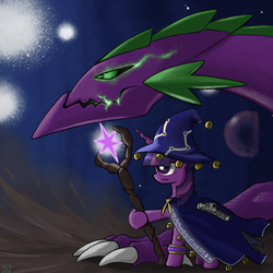 Size: 2048x2048 | Tagged: safe, artist:qzygugu, part of a set, spike, twilight sparkle, dragon, g4, cape, clothes, epic, hat, high res, hoof hold, looking up, mage, older, older spike, profile, staff, wizard hat