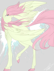 Size: 2481x3275 | Tagged: safe, artist:illustrativeauthor, fluttershy, g4, abstract background, cloven hooves, colored hooves, female, high res, looking away, looking back, looking up, raised hoof, solo, spread wings, turned head, windswept hair, windswept mane