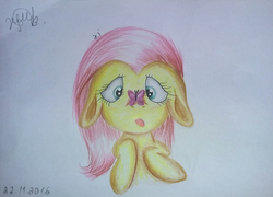 Size: 2430x1753 | Tagged: safe, artist:aminaislam, fluttershy, butterfly, g4, bust, color correction, cropped, female, floppy ears, insect on nose, looking at something, open mouth, portrait, solo, traditional art