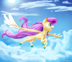 Size: 1600x1396 | Tagged: safe, artist:toonebs, fluttershy, g4, cloud, colored hooves, female, flying, looking away, open mouth, sky, smiling, solo, spread wings