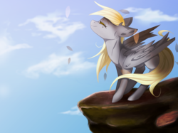 Size: 2755x2066 | Tagged: safe, artist:dashermeow, derpy hooves, pegasus, pony, g4, cliff, cloud, eyes closed, female, high res, leaves, mare, smiling, solo