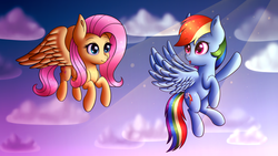 Size: 2048x1152 | Tagged: safe, artist:irilis25, artist:spirit-dude, fluttershy, rainbow dash, g4, cloud, collaboration, crepuscular rays, flying