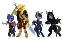 Size: 8000x5000 | Tagged: safe, artist:milkypocky, oc, oc only, oc:dauntless mist, oc:dusk rhine, oc:lapis, oc:wolf longsight, bat pony, earth pony, anthro, unguligrade anthro, absurd resolution, adventurer, barbarian, book, dagger, greatsword, group, leotard, line-up, looking at you, mage, muscles, simple background, sword, thief, tight clothing, transparent background, unshorn fetlocks, weapon