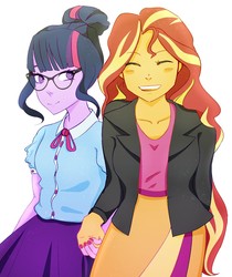 Size: 1077x1280 | Tagged: safe, artist:finm, sci-twi, sunset shimmer, twilight sparkle, equestria girls, g4, blushing, eyes closed, female, holding hands, lesbian, ship:sci-twishimmer, ship:sunsetsparkle, shipping, simple background