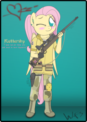 Size: 3650x5080 | Tagged: safe, artist:facelesssoles, fluttershy, anthro, g4, blushing, female, gun, headphones, one eye closed, remington 700, rifle, solo, weapon, wink