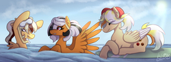 Size: 3500x1273 | Tagged: safe, artist:monnarcha, oc, oc only, pegasus, pony, playing, surfboard, swimming, water
