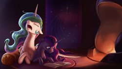 Size: 3840x2160 | Tagged: safe, artist:starblaze25, princess celestia, princess luna, alicorn, pony, g4, book, crossed hooves, cute, drool, duo, eyes closed, female, fireplace, floppy ears, high res, long neck, majestic as fuck, mare, missing accessory, open mouth, princess necklestia, prone, reading, royal sisters, sleeping, smiling, snoring, wide eyes, wing blanket