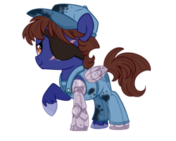 Size: 900x720 | Tagged: safe, artist:jadedjynx, oc, oc only, oc:gear grind, cyborg, augmented, clothes, cute, eyepatch, hat, overalls, prosthetic limb, prosthetic wing, prosthetics, raised hoof, simple background, smiling, solo, transparent background