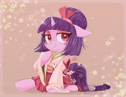 Size: 900x695 | Tagged: safe, artist:sibashen, oc, oc only, oc:judgement rule, pony, unicorn, clothes, colored pupils, floppy ears, kimono (clothing), looking at you, raised hoof, sitting, solo