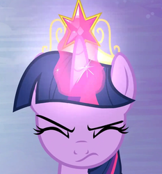 Size: 647x693 | Tagged: safe, screencap, twilight sparkle, alicorn, pony, g4, princess twilight sparkle (episode), season 4, big crown thingy, cropped, element of magic, eyes closed, female, glowing horn, horn, jewelry, mare, regalia, solo, twilight sparkle (alicorn)