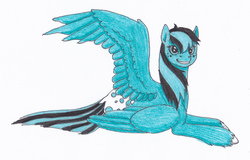 Size: 2343x1497 | Tagged: safe, artist:breadworth, oc, oc only, oc:frost flake, pegasus, pony, appaloosa, looking at you, one wing out, prone, simple background, smiling, solo, traditional art, unshorn fetlocks