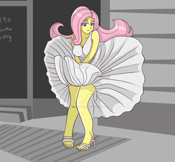 Size: 1024x945 | Tagged: safe, artist:yoshimarsart, fluttershy, equestria girls, g4, breasts, busty fluttershy, clothes, dress, feet, female, high heels, marilyn monroe, skirt blow, solo, the seven year itch, toes, watermark