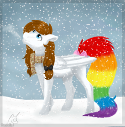 Size: 2784x2840 | Tagged: safe, artist:shadeila, oc, oc only, pegasus, pony, bow, clothes, hair bow, high res, scarf, snow, solo, tail bow