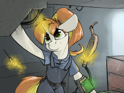 Size: 1033x779 | Tagged: safe, artist:sinrar, oc, oc only, oc:greaser, pony, unicorn, fallout equestria, levitation, magic, maintenance, overalls, pipboy, pipbuck, screwdriver, solo, technician, welder