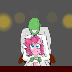 Size: 2000x2000 | Tagged: safe, artist:friskybits, pinkie pie, oc, oc:anon, human, g4, chair, clothes, cute, dress, friendshipping, grin, high res, jewelry, looking at you, mood lighting, necklace, pearl necklace, sitting, smiling, suit