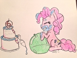 Size: 2048x1536 | Tagged: safe, artist:monkeytsu, pinkie pie, g4, balloon, birthday, birthday cake, cake, eating, eyes closed, female, food, giggling, solo, that pony sure does love balloons, traditional art
