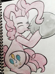 Size: 2448x3264 | Tagged: safe, artist:monkeytsu, pinkie pie, earth pony, pony, g4, balloon, blowing, blowing up balloons, eyes closed, female, high res, mare, solo, traditional art