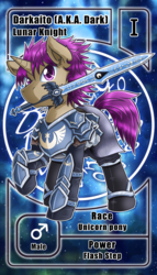 Size: 800x1399 | Tagged: safe, artist:vavacung, oc, oc only, oc:darkaito, pony, unicorn, armor, character card, lunar knight, lunar republic, pactio card, raised hoof, sword in mouth