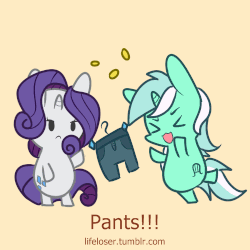 Size: 500x500 | Tagged: safe, artist:php56, lyra heartstrings, rarity, pony, g4, angry face, animated, bipedal, clothes, coin, eyes closed, female, gif, hooves up, i like pants, meme, open mouth, pants, simple background, solo