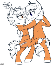 Size: 693x850 | Tagged: safe, artist:higglytownhero, oc, oc only, bat pony, pony, bound wings, chains, chicago (musical), clothes, dancing, duo, jumpsuit, prison outfit, tango