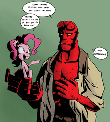 Size: 1350x1500 | Tagged: safe, artist:artguydis, pinkie pie, earth pony, pony, g4, crossover, duo, gradient background, green background, hellboy, speech bubble