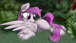 Size: 7680x4320 | Tagged: safe, artist:aurelleah, oc, oc only, oc:stardust, pegasus, pony, :t, absurd resolution, chest fluff, cute, ear fluff, fluffy, forest, grass, preening, solo, tree, wing noms, wip