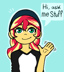 Size: 600x674 | Tagged: safe, artist:slimegrave, sunset shimmer, equestria girls, g4, blog, clothes, dialogue, female, looking at you, smiling, solo, speech bubble, text, waving