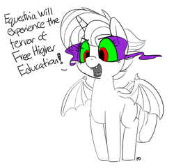 Size: 1280x1236 | Tagged: safe, artist:pabbley, twilight sparkle, alicorn, bat pony, bat pony alicorn, pony, g4, adventure in the comments, alternate hairstyle, bat ponified, corrupted, corrupted twilight sparkle, cute, dark magic, dialogue, economics, economics in the comments, evil, evil smile, fangs, female, glowing eyes, grayscale, grin, magic, mare, monochrome, open mouth, partial color, punklight sparkle, pure unfiltered evil, race swap, simple background, smiling, solo, sombra eyes, spread wings, twiabetes, twibat, twilight sparkle (alicorn), white background, wings