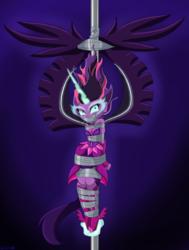Size: 2244x2969 | Tagged: safe, artist:gaggeddude32, sci-twi, twilight sparkle, equestria girls, g4, bondage, breasts, clothes, commission, dress, duct tape, female, fingerless gloves, gag, gloves, high res, midnight sparkle, pole, pole tied, solo, tape gag