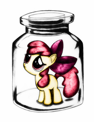 Size: 1077x1401 | Tagged: safe, artist:jonathan-c-eastwood, apple bloom, g4, adorabloom, bottle, colored, cute, female, frown, jar, jar of pony, looking up, pony in a bottle, sad, simple background, solo, traditional art, trapped, white background