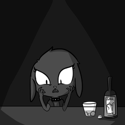 Size: 1008x1008 | Tagged: safe, artist:tjpones, oc, oc only, oc:didi, diamond dog, horse wife, alcohol, beer, collar, diamond dog oc, female, female diamond dog, gray background, grayscale, monochrome, open mouth, regret, sad, simple background, solo, spiked collar