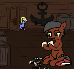 Size: 640x600 | Tagged: safe, artist:ficficponyfic, artist:methidman, oc, oc only, oc:clover patch, earth pony, pony, a foal's adventure, anchor, barrel, blank flank, child, crate, crying, cyoa, door, female, filly, foal, mare, photo, photos, pillow, pirate, story included, towel