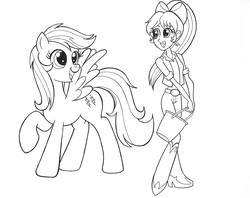 Size: 1922x1526 | Tagged: safe, artist:jmkplover, firefly, megan williams, equestria girls, g1, g4, g1 to equestria girls, g1 to g4, generation leap, lineart, monochrome, raised hoof, spread wings, traditional art