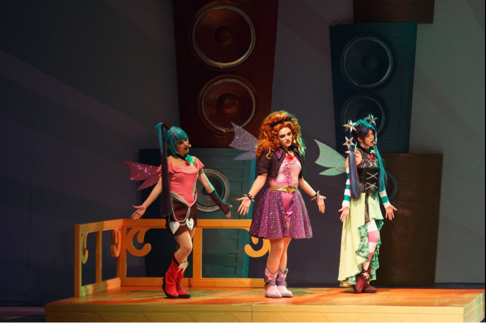 1302450 - safe, adagio dazzle, aria blaze, sonata dusk, human, equestria  girls, g4, rainbow rocks, actress, boots, clothes, irl, irl human, live  action, pantyhose, performance, photo, pigtails, ponytail, singapore,  skirt, striped pantyhose