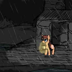 Size: 500x500 | Tagged: safe, artist:thebathwaterhero, oc, oc only, oc:sunrise horizon, series:entrapment, child, cold, color, female, filly, foal, island, lamp, light, night, rain, sad, scar, shack, solo, stone, storm, story included, worried