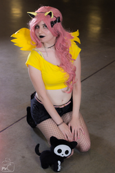 Size: 3456x5184 | Tagged: safe, artist:krazykari, fluttershy, human, g4, belly button, bra strap, clothes, cosplay, costume, fishnet stockings, fluttergoth, goth, irl, irl human, midriff, photo, plushie, shirt, short shirt, shorts, solo