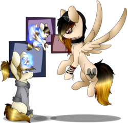 Size: 1024x987 | Tagged: safe, artist:fizzy2014, oc, oc only, pegasus, pony, unicorn, choker, clothes, family, hoodie, impossibly large ears, magic, simple background, transparent background