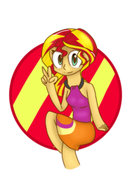 Size: 768x1024 | Tagged: safe, artist:ponliestar, sunset shimmer, equestria girls, g4, clothes, cute, female, looking at you, peace sign, simple background, sitting, skirt, solo, transparent background