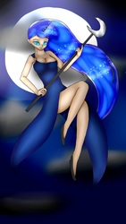 Size: 2322x4128 | Tagged: safe, artist:crazysurprise, princess luna, human, g4, breasts, cleavage, clothes, dress, female, horn, horned humanization, humanized, moon, side slit, solo