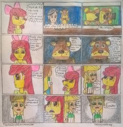 Size: 881x906 | Tagged: safe, artist:toonalexsora007, apple bloom, applejack, equestria girls, g4, alex, comic, crossover, dialogue, five nights at freddy's, flatscreen, freddy fazbear, hallucination, malcolm in the middle, parody, plushie, reference, traditional art