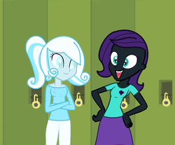 Size: 1046x868 | Tagged: safe, artist:furrydiva, oc, oc only, oc:nyx, oc:snowdrop, equestria girls, g4, alternate hairstyle, clothes, crossed arms, equestria girls-ified, lockers, older, older nyx, older snowdrop, ponytail, skirt