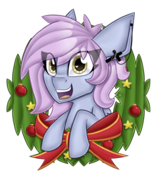 Size: 4000x4500 | Tagged: safe, artist:partypievt, oc, oc only, oc:windy spirit, absurd resolution, bauble, bow, christmas, christmas wreath, commission, cute, looking at you, open mouth, simple background, smiling, solo, stars, transparent background, wingding eyes, wreath, ych result
