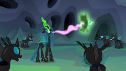 Size: 1280x720 | Tagged: safe, screencap, queen chrysalis, thorax, changeling, changeling queen, g4, to where and back again, changeling feeding, changeling hive, glowing horn, horn, magic