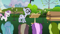 Size: 1280x720 | Tagged: safe, screencap, coco crusoe, lyra heartstrings, mr. waddle, oakey doke, sweetie belle, welch, earth pony, pony, unicorn, g4, hearts and hooves day (episode), season 2, background pony, candle, casket, clerical collar, elderly, female, filly, funeral, glasses, hearts and hooves day, lidded eyes, liver spots, male, stallion, the perfect stallion, you know for kids