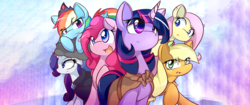 Size: 2560x1080 | Tagged: safe, artist:dshou, edit, applejack, fluttershy, pinkie pie, rainbow dash, rarity, twilight sparkle, g4, cloak, clothes, cloud, crown, ear piercing, jewelry, looking up, lying down, mane six, missing accessory, open mouth, piercing, raised hoof, regalia, simple background, smirk, ultra widescreen, wallpaper, wallpaper edit, widescreen