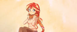 Size: 2560x1080 | Tagged: safe, artist:baekgup, edit, sunset shimmer, equestria girls, g4, blushing, clothes, cute, daaaaaaaaaaaw, female, hnnng, looking at you, moe, pantyhose, scarf, shimmerbetes, skirt, socks, solo, stockings, sweater, thigh highs, ultra widescreen, wallpaper, wallpaper edit, weapons-grade cute, widescreen