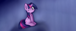 Size: 3413x1440 | Tagged: safe, artist:sheandog, edit, twilight sparkle, pony, unicorn, g4, cute, female, looking at you, one eye closed, sitting, smiling, solo, twiabetes, ultra widescreen, unicorn twilight, wallpaper, wallpaper edit, widescreen, wink